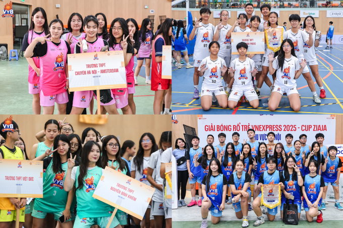 Các đội bóng rổ THPT mặc đồng phục do ban tổ chức cung cấp ở lễ khai mạc. Ảnh: VYB