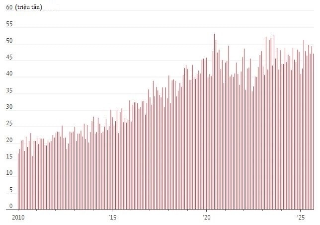 Lượng nhập khẩu dầu của Trung Quốc hàng tháng. Đồ họa: WSJ