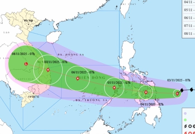 Dự báo hướng đi và vùng ảnh hưởng của bão Kalmaegi, sáng 3/11. Ảnh: NCHMF