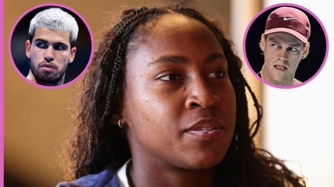 Gauff (ảnh lớn) cho rằng quần vợt nam thiếu sự cạnh tranh khi Alcaraz (trái) và Sinner quá mạnh so với phần còn lại. Ảnh: Tennis365