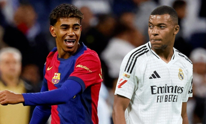 Lamine Yamal (trái) và Kylian Mbappe trong trận Barca thắng Real 4-3 trên sân Montjuic, thành phố Barcelona, xứ Catalonia, Tây Ban Nha, vòng 35 La Liga ngày 11/5/2025. Ảnh: beIN Sports