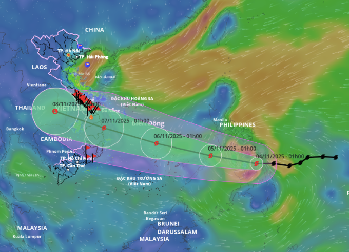 Dự báo hướng đi và vùng ảnh hưởng của bão Kalmaegi, sáng 4/11. Ảnh: Hệ thống giám sát thiên tai