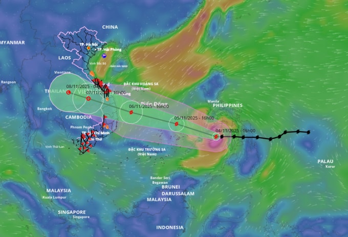 Dự báo đường đi và khu vực ảnh hưởng của bão lúc 16h ngày 4/11. Ảnh: Hệ thống giám sát thiên tai Việt Nam