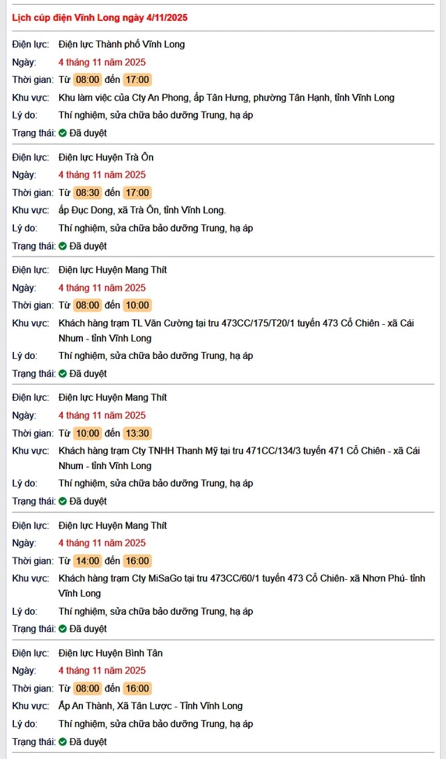 Tra cứu lịch cúp điện hôm nay Thứ 3 ngày 4/11/2025 tại Vĩnh Long- Ảnh 1.