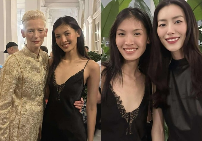 Tại hậu trường, Tú Anh gặp gỡ hai khách mời gồm diễn viên Tilda Swinton (trái) và siêu mẫu Lưu Văn. Ảnh: Nhân vật cung cấp