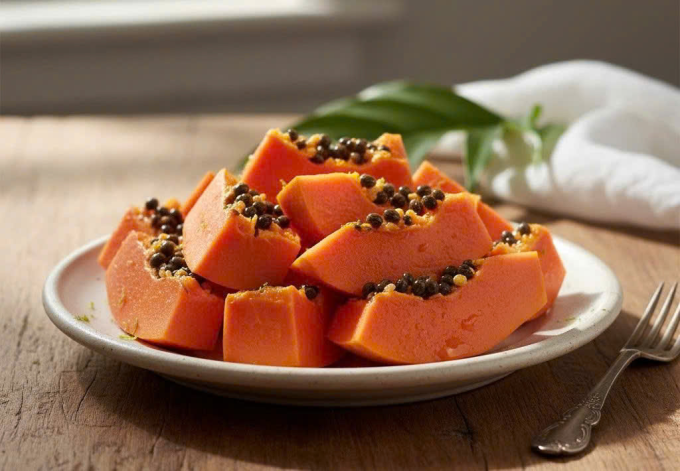 Người bệnh gout có thể ăn đu đủ để bổ sung vitamin C và chất xơ, hỗ trợ tiêu hóa và kiểm soát cân nặng. Ảnh được tạo bởi AI