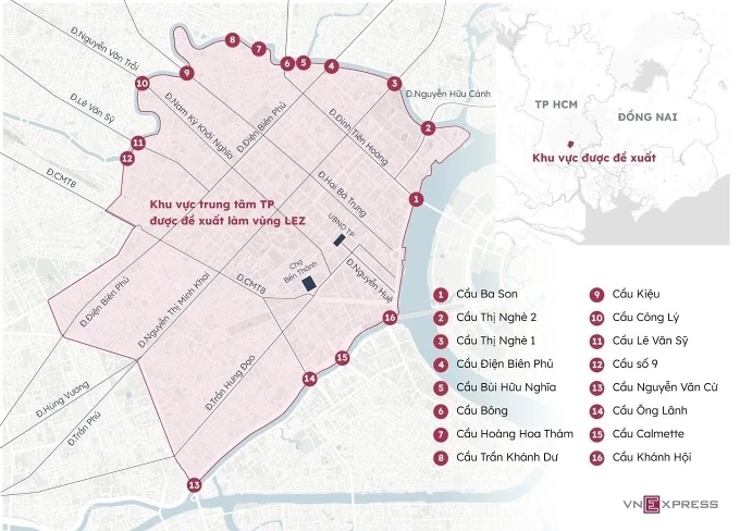 Khu vực trung tâm TP HCM được đề xuất làm vùng LEZ. Đồ họa: Hoàng Khánh