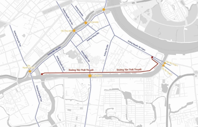 Vị trí đoạn đường Tôn Thất Thuyết sẽ được mở rộng từ 7-8 m lên 27 m. Đồ họa: Tâm Thảo
