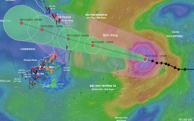 Dự báo hướng đi và vùng ảnh hưởng của bão lúc 13h ngày 5/11. Ảnh: Hệ thống giám sát thiên tai