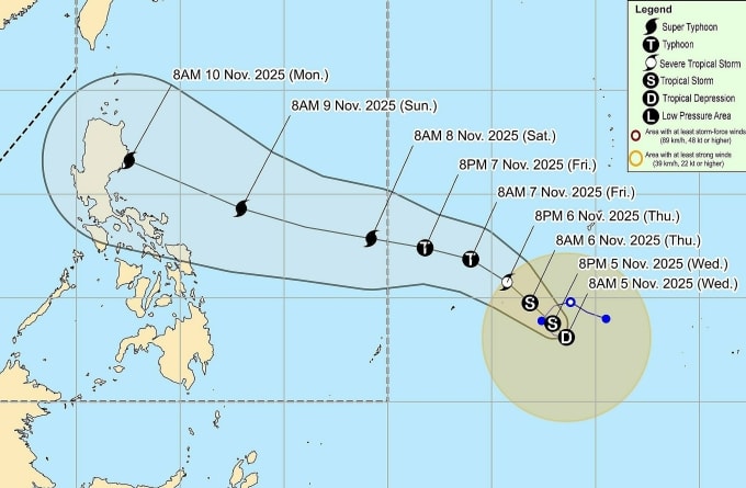 Dự báo đường đi của áp thấp nhiệt đới đang hoạt động phía đông Philippines ngày 5/11. Đồ họa: PAGASA
