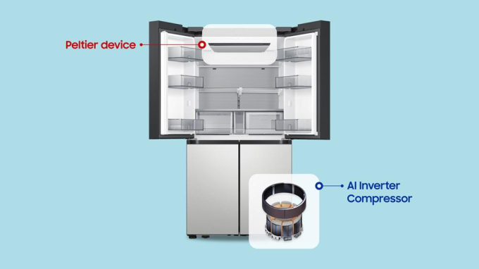 Trong tủ lạnh Samsung Bespoke AI Hybrid, mô-đun Peltier được lắp ở phía trên khoang làm mát, máy nén AI Inverter đặt ở phía dưới. Ảnh: Samsung