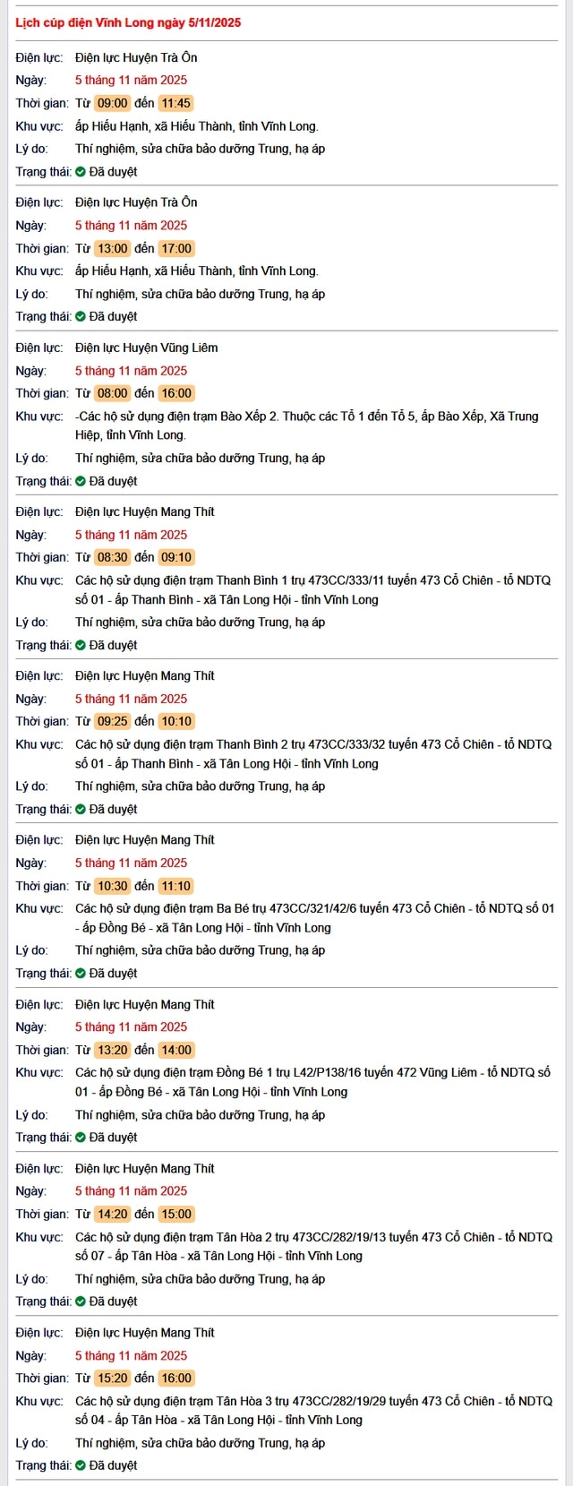 Tra cứu lịch cúp điện hôm nay Thứ 4 ngày 5/11/2025 tại Vĩnh Long- Ảnh 1.