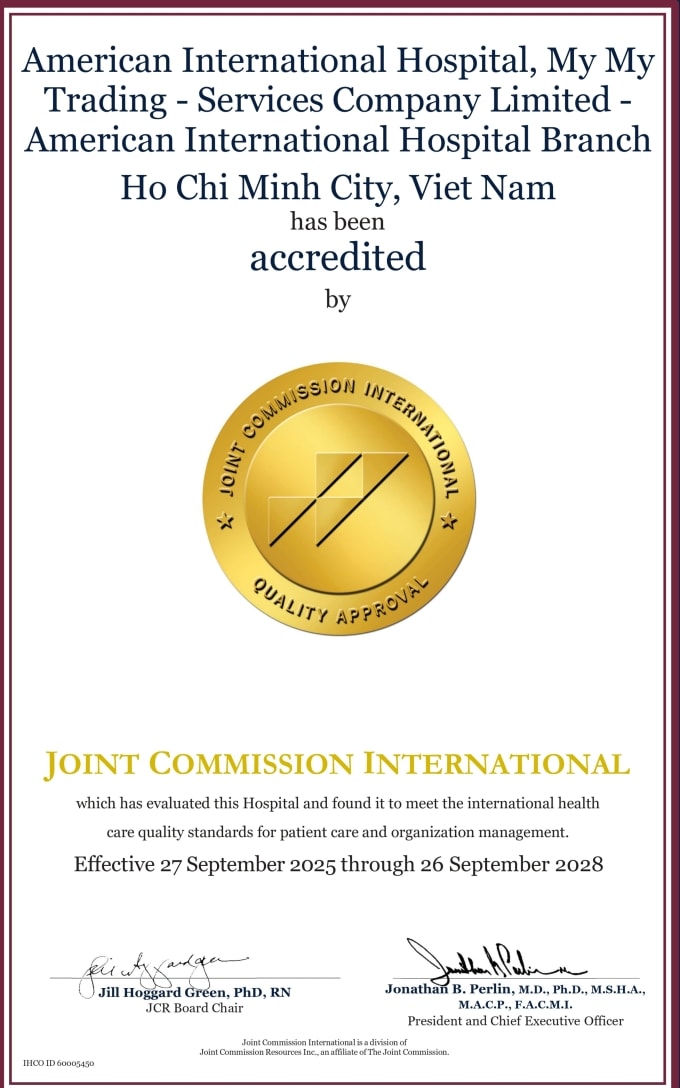 Bệnh viện Quốc tế Mỹ (AIH) đạt chứng nhận con dấu vàng chất lượng JCI lần thứ hai. Ảnh: AIH