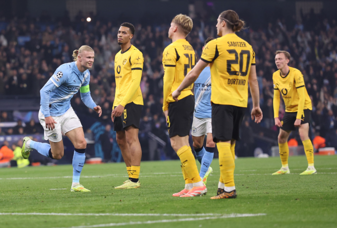 Erling Haaland mừng bàn mở tỷ số trong trận Man City thắng Dortmund 4-1 ở lượt bốn Champions League trên sân Etihad, Manchester, Anh ngày 5/11/2025. Ảnh: AMA
