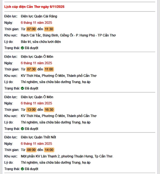 Tra cứu lịch cúp điện hôm nay Thứ 5 ngày 6/11/2025 tại Cần Thơ- Ảnh 1.