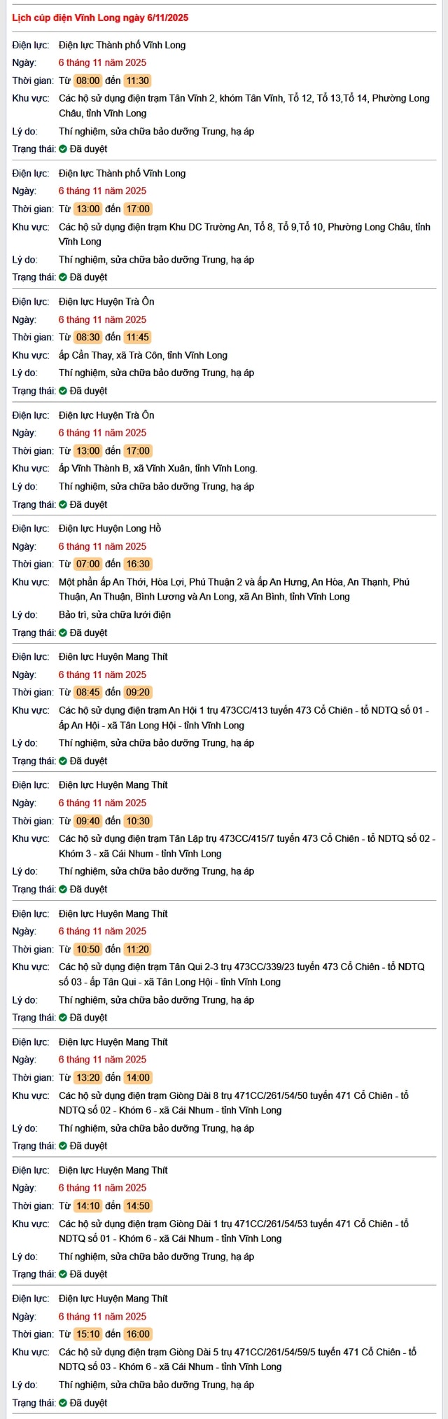 Tra cứu lịch cúp điện hôm nay Thứ 5 ngày 6/11/2025 tại Vĩnh Long- Ảnh 1.