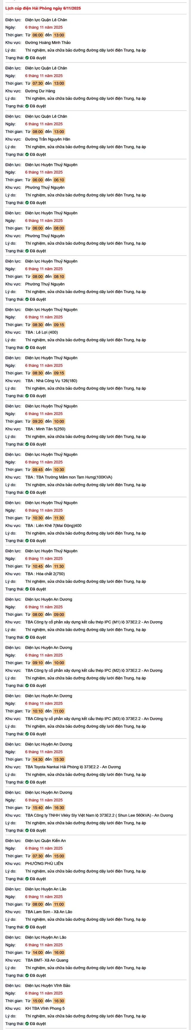 Tra cứu lịch cắt điện Hải Phòng hôm nay Thứ 5 ngày 6/11/2025- Ảnh 1.