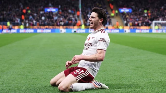 Declan Rice ăn mừng trong trận Arsenal thắng Burnley 2-0 ở vòng 10 Ngoại hạng Anh ngày 1/11/2025. Ảnh: Arsenal