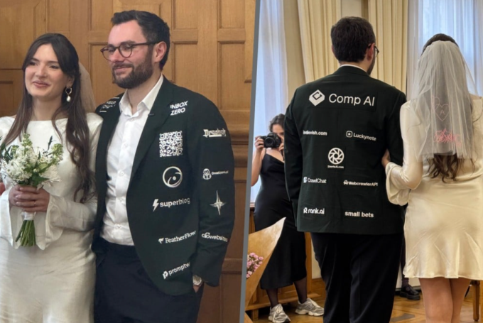 Bộ vest cưới có gắn 26 thương hiệu của Dagobert Renouf mặc trong đám cưới tại Pháp hôm 25/10. Ảnh: Elina Aryukova