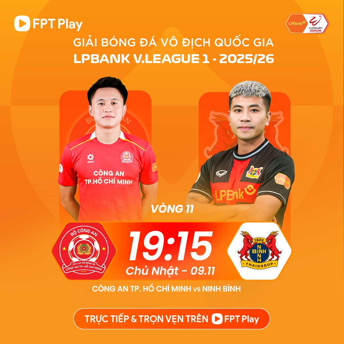 CLB Công an TP.HCM đấu với Ninh Bình ở vòng 11 V.League 2025-2026.