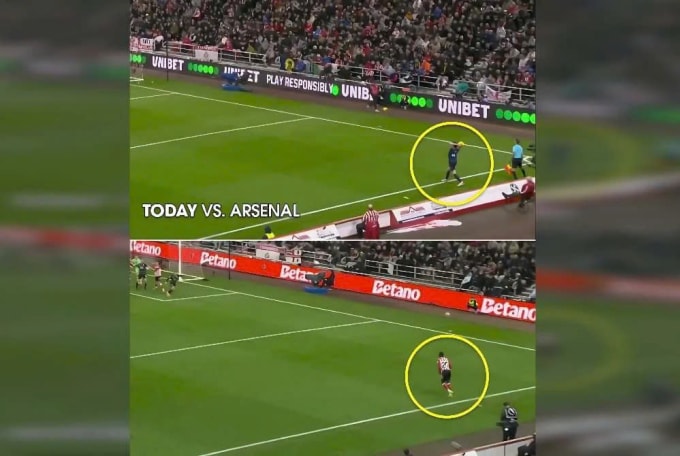 Khoảng cách giữa đường biên và biển quảng cáo sân The Light ở trận gặp Arsenal (trên) và trận gặp Everton (dưới) chênh lệch rõ rệt. Ảnh: NST