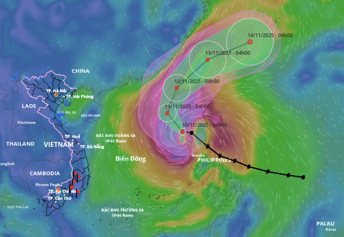 Dự báo hướng đi của bão Fung - Wong, sáng 10/11. Ảnh: NCHMF