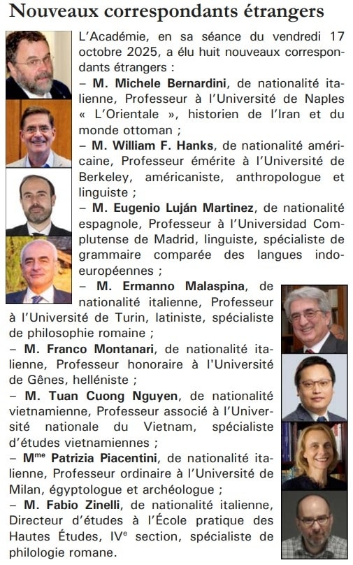 Danh sách tám viện sĩ thông tấn nước ngoài mới của AIBL. Nguồn: Viện Hàn lâm Văn khắc và Mỹ văn