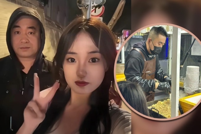 Ông Li và con gái bên xe bán đồ ăn lưu động ở cổng trường Đại học Sư phạm Cát Lâm, đầu tháng 11/2025. Ảnh: Douyin