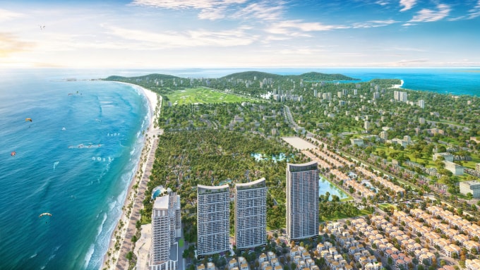 Bộ đôi tháp Blanca 6-7 có tầm nhìn song hải, gồm tầm nhìn ra biển Bãi Sau và mũi Nghinh Phong. Ảnh: Sun Group