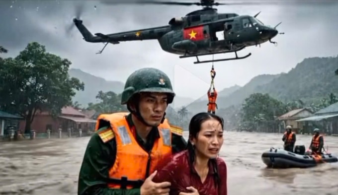 Một người dùng tạo video từ AI bộ đội lái máy bay cứu dân trong lũ gây hoang mang.