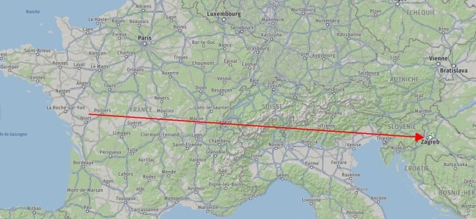 Vị trí điểm xuất phát và điểm đến sau khi đi lạc của cụ ông. Ảnh chụp màn hình