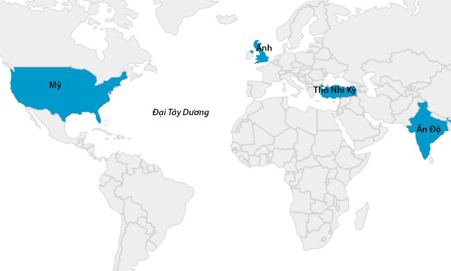 Vị trí Mỹ, Anh, Thổ Nhĩ Kỳ, Ấn Độ. Đồ họa: Maploc