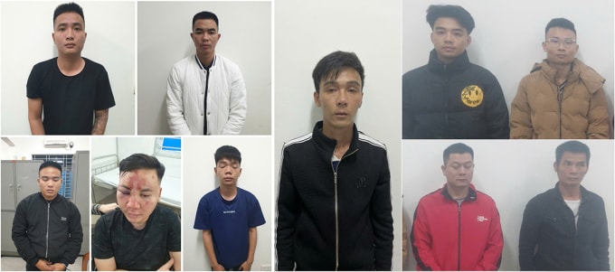 Nguyễn Thanh Hùng (hàng dưới, thứ hai từ trái qua) cùng những người liên quan vụ việc tại cơ quan điều tra. Ảnh: Công an cung cấp