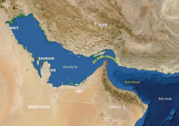 Vị trí eo biển Hormuz, UAE và Iran. Đồ họa: NASA