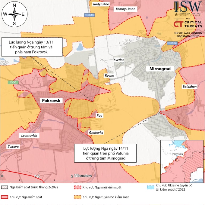 Cục diện chiến sự tại Pokrovsk, tỉnh Donetsk tính đến ngày 14/11. Đồ họa: ISW