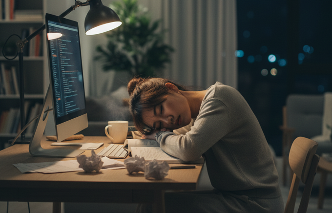 Làm việc muộn có thể gây buồn ngủ vào ban ngày. Ảnh được tạo bởi AI