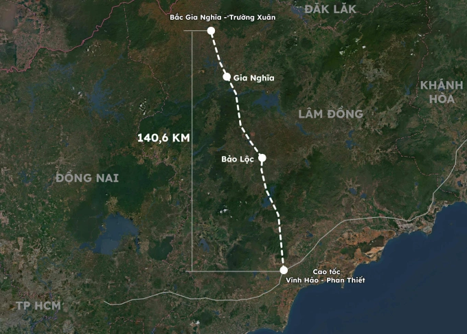 Hướng tuyến cao tốc từ Gia Nghĩa tới Phan Thiết. Đồ họa: Hoàng Thanh