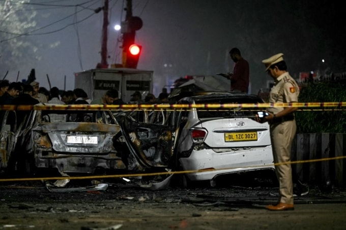 Hiện trường vụ nổ xe ở thủ đô New Delhi, Ấn Độ ngày 10/11. Ảnh: AFP