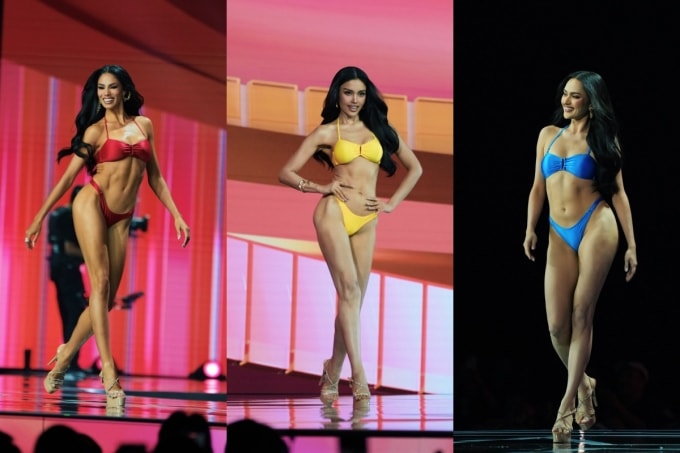 Hình thể thí sinh Puerto Rico, Thái Lan, Philippines (từ trái qua) ở vòng thi áo tắm.