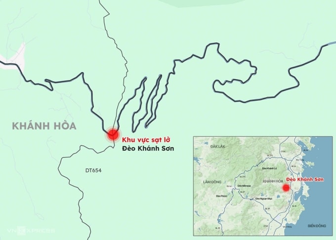 Vị trí sạt lở trên đèo Khánh Sơn. Đồ họa: Hoàng Thanh