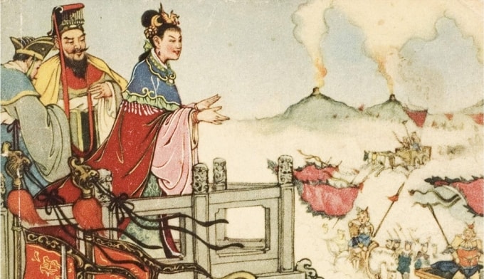 Tranh minh họa Chu U Vương và Bao tự đứng trên đài cao, thích thú khi nhìn cảnh chư hầu đem quân tới ứng cứu vì báo động giả. Ảnh: Sina