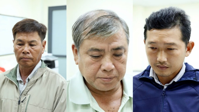 Nguyễn Văn Tùng Em, Nguyễn Văn Tú, Nguyễn Hồng Đức (từ trái sang) tại cơ quan điều tra. Ảnh: Tiến Tầm