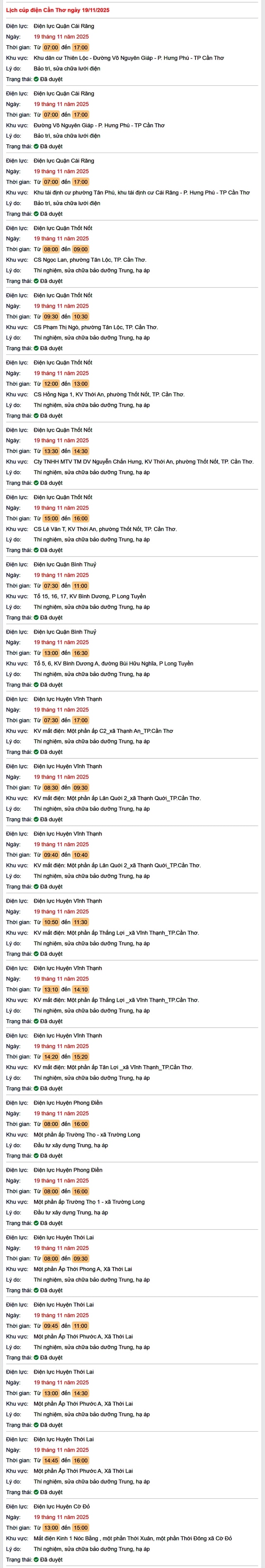 Tra cứu lịch cúp điện Cần Thơ hôm nay Thứ 4 ngày 19/11/2025- Ảnh 1.