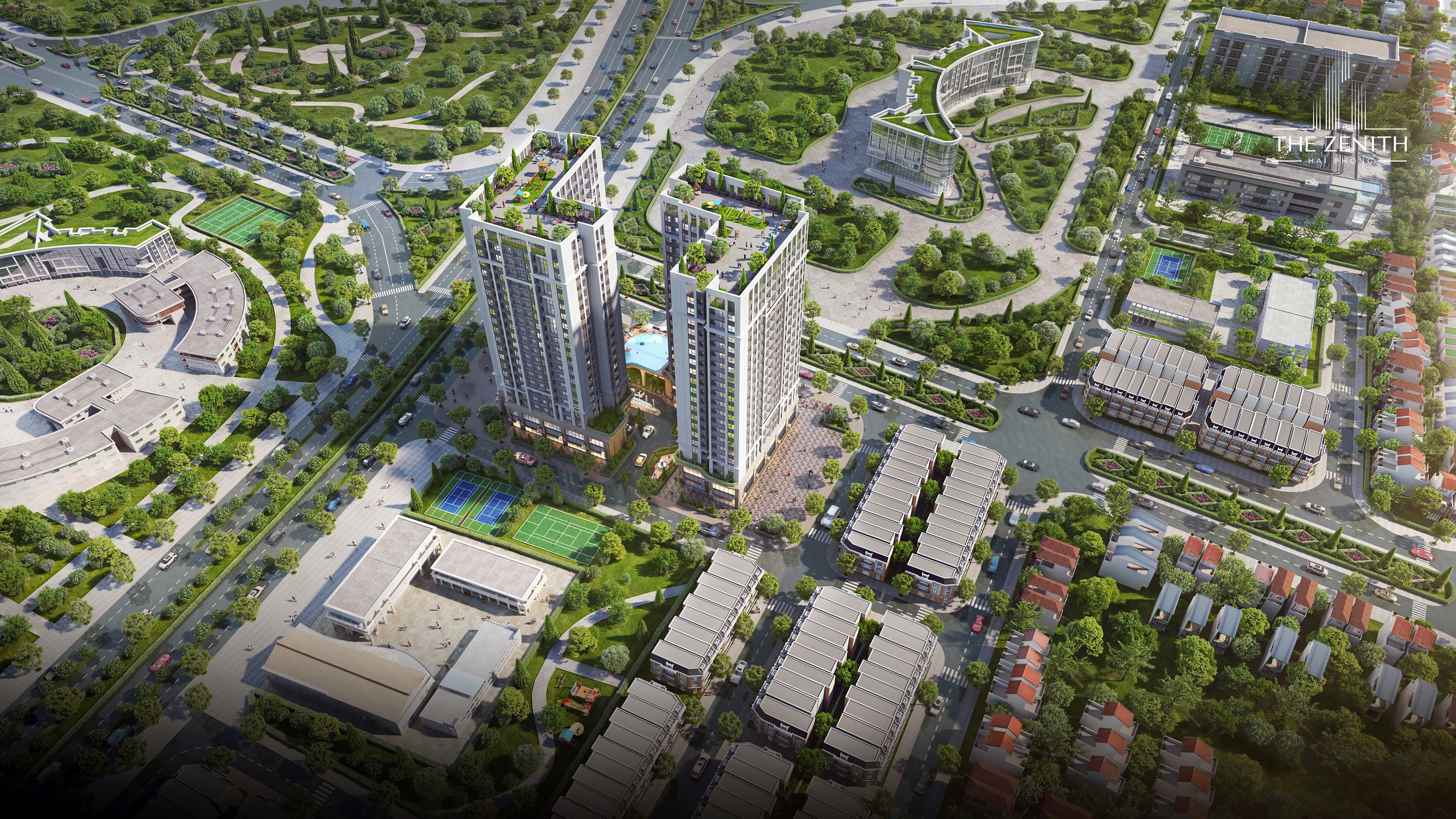 Phối cảnh tổng thể The Zenith Hải Phòng, dự án thụ hưởng giá trị bứt phá từ khu kinh tế chuyên biệt, khu thương mại tự do và hệ sinh thái logistics đang được phát triển mạnh mẽ tại phía Tây thành phố.