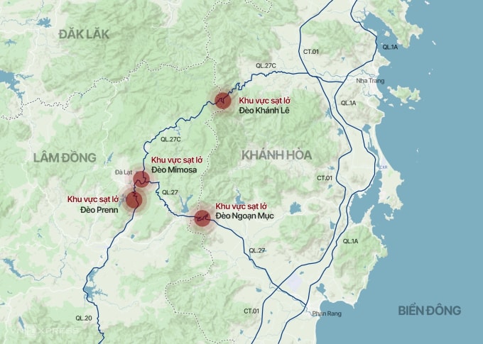 Đèo Mimosa là một trong nhiều đèo ở cửa ngõ Đà Lạt bị sạt lở. Ảnh: Tâm Thảo
