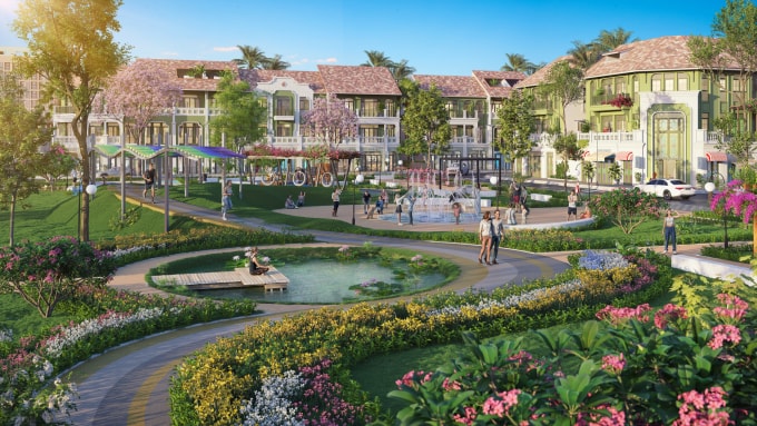 Phối cảnh các dãy nhà thấp tầng với tiện ích và cảnh quan xanh liền kề. Ảnh: Sun Property