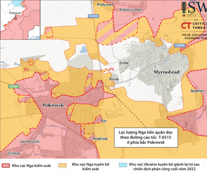 Cục diện chiến sự tại mặt trận Pokrovsk và Mirnograd (Myrnohrad). Đồ họa: ISW