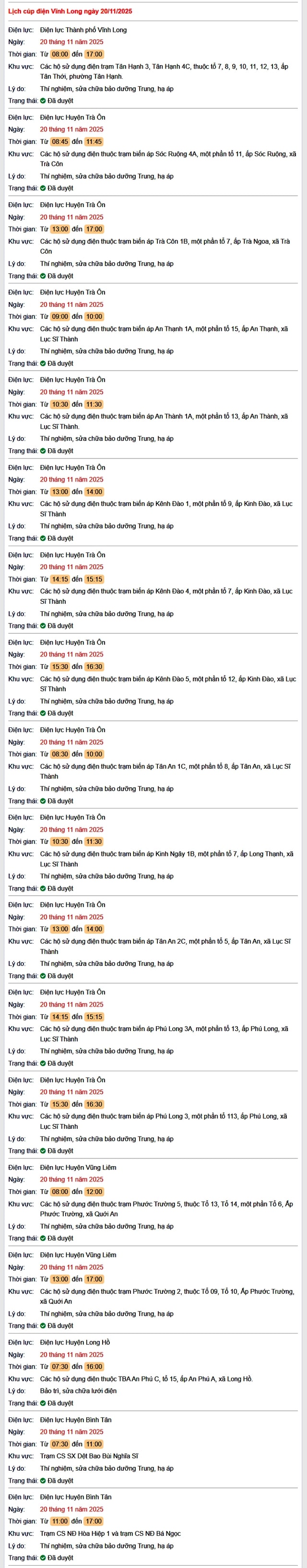 Tra cứu lịch cúp điện Vĩnh Long hôm nay Thứ 5 ngày 20/11/2025- Ảnh 1. Tra cứu lịch cúp điện Vĩnh Long hôm nay Thứ 5 ngày 20/11/2025- Ảnh 1.