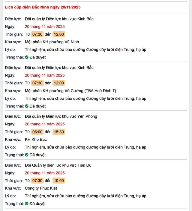 Tra cứu lịch cắt điện Bắc Ninh hôm nay Thứ 5 ngày 20/11/2025- Ảnh 1. Tra cứu lịch cắt điện Bắc Ninh hôm nay Thứ 5 ngày 20/11/2025- Ảnh 1.