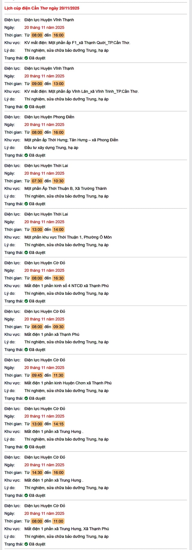 Tra cứu lịch cúp điện Cần Thơ hôm nay Thứ 5 ngày 20/11/2025- Ảnh 1. Tra cứu lịch cúp điện Cần Thơ hôm nay Thứ 5 ngày 20/11/2025- Ảnh 1.